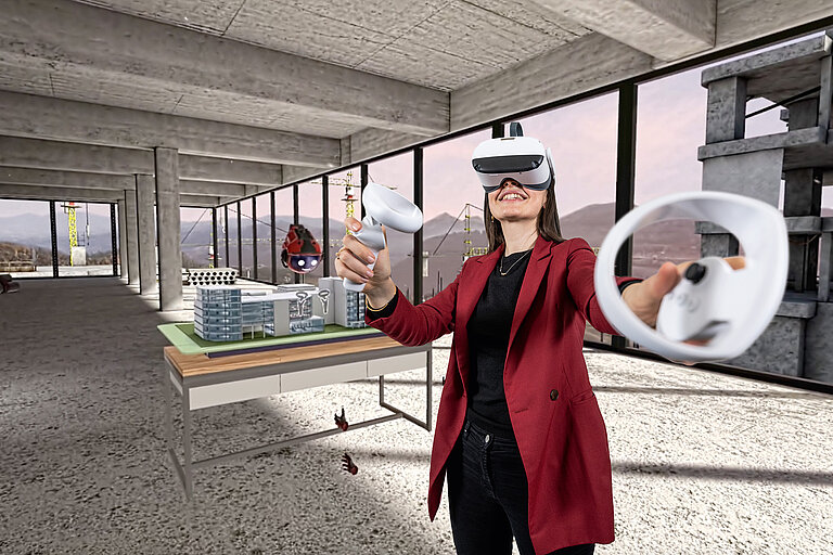 Photo: Hilti: A woman wearing virtual reality glasses is located in the middle of a virtual office room