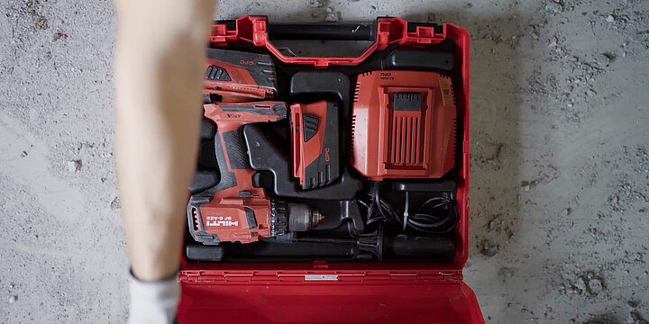 Hilti toolcase on a workbench.